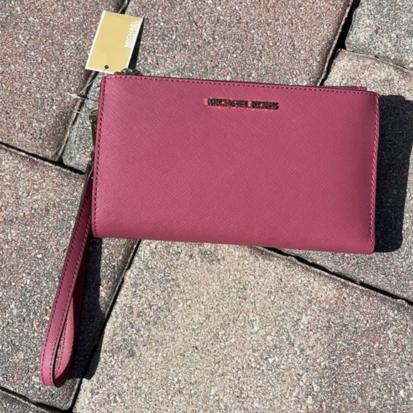 Michael Kors Jet Set Travel Large Double Zip Wristlet Wallet Rosewood Leather - Picture 7 of 16